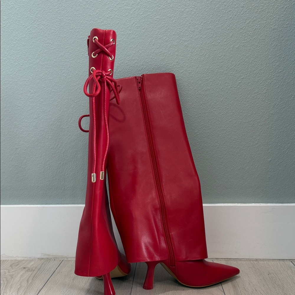 Red Knee-High Pointed-Toe Stiletto Boots